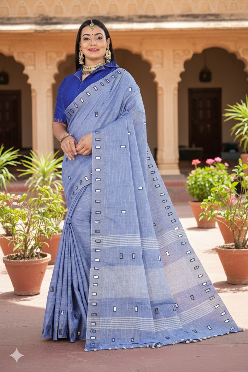 Hand And Mirror Work Saree